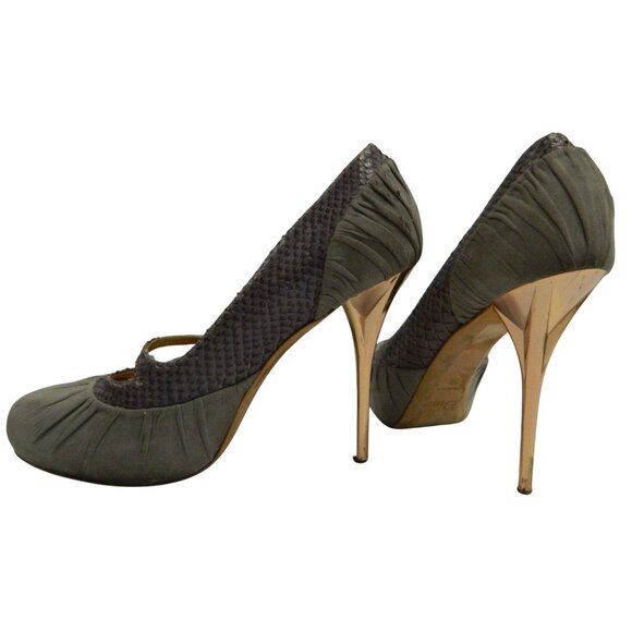 Christian Dior Gray Snakeskin & Suede Stiletto Heels Gold Heel & Snake Size 38 - Picture 1 of 16